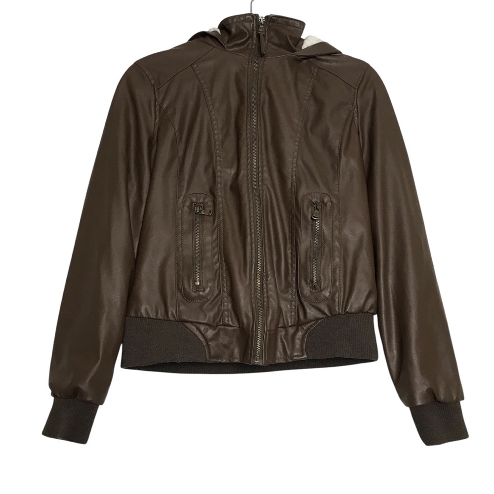 New Look Brown Sherpa Hood Full Zip Bomber Jacket Womens Size Small Outdoor